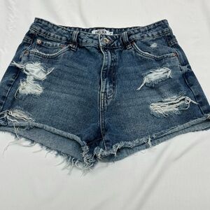 Chelsea High Rise Destructed Blue Distressed Denim Jean Shorts with Frayed Hem
